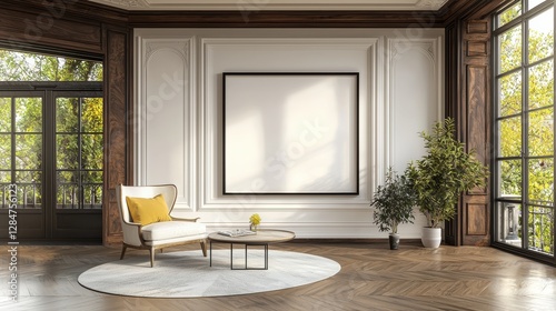 Large white wall with a black frame and a large picture frame