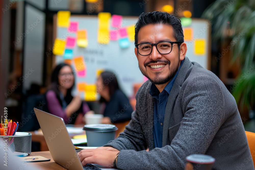 Latino entrepreneur smiling and working on laptop in modern office Latino entrepreneur smiling and working on laptop in modern office