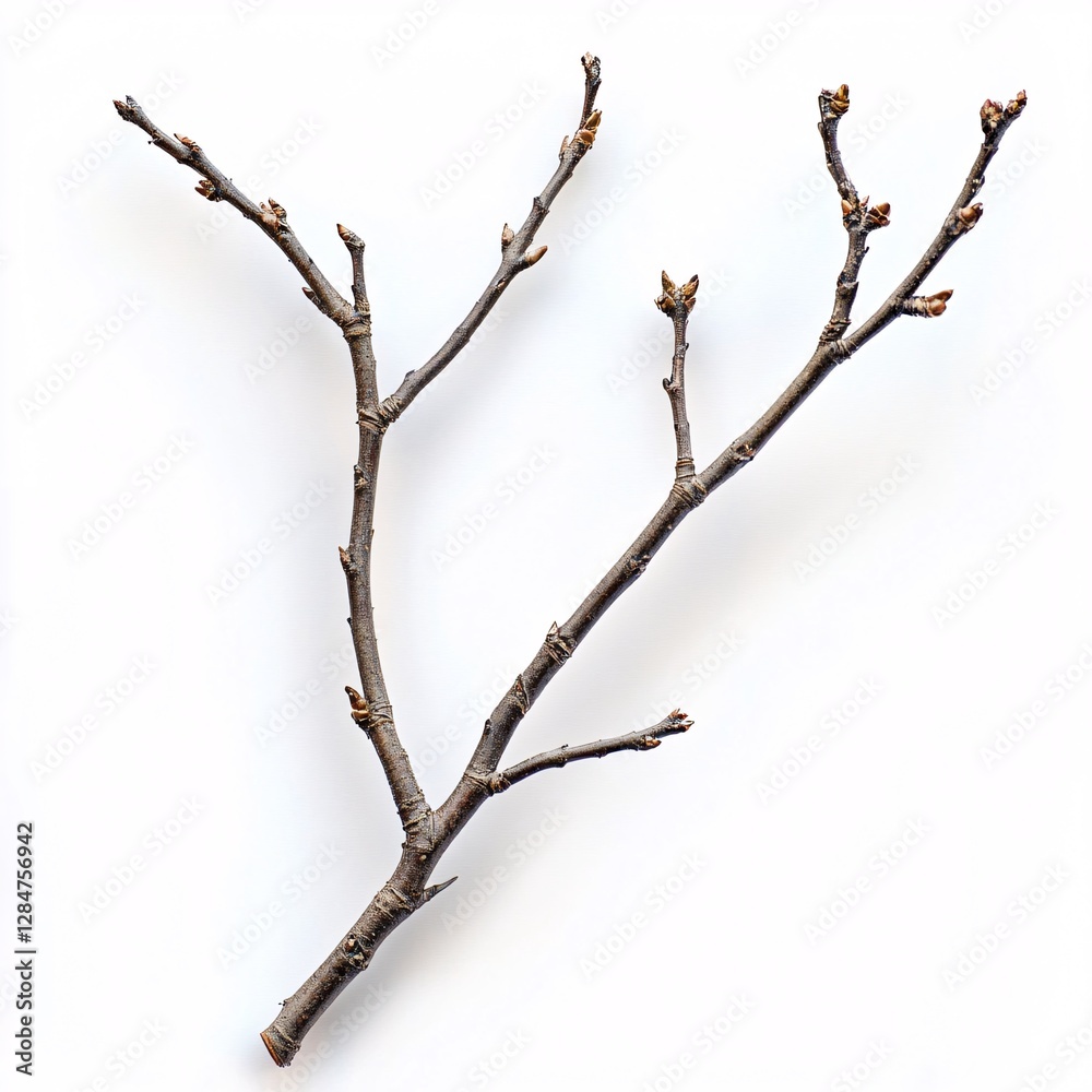 A single bare branch with small buds against a clean white background, signifying the transition to spring. A single bare branch with small buds against a clean white background, signifying the transition to spring.