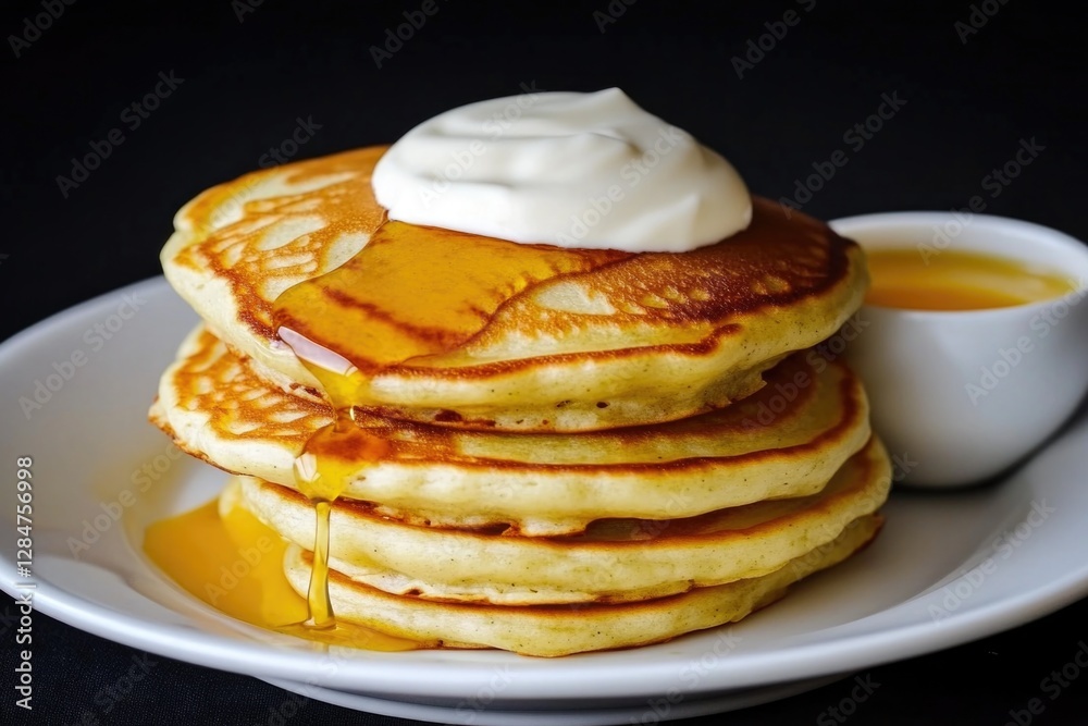 Fluffy pancakes with syrup and cream on white plate Fluffy pancakes with syrup and cream on white plate