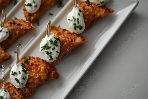 Baked cheesy dumplings garnished with sour cream and fresh chives