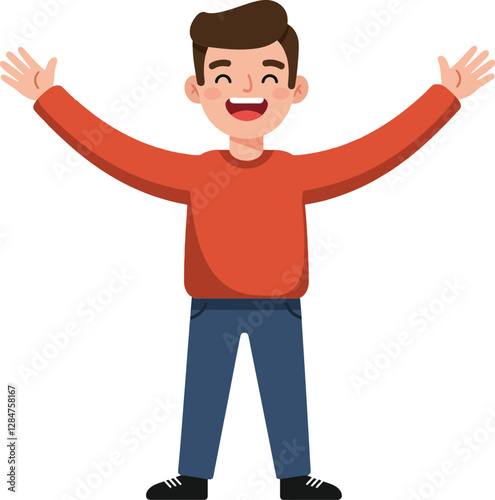 Cheerful young boy with arms wide open in a playful pose, featuring a minimal design style, joyful expression, and bright colors, vector illustration