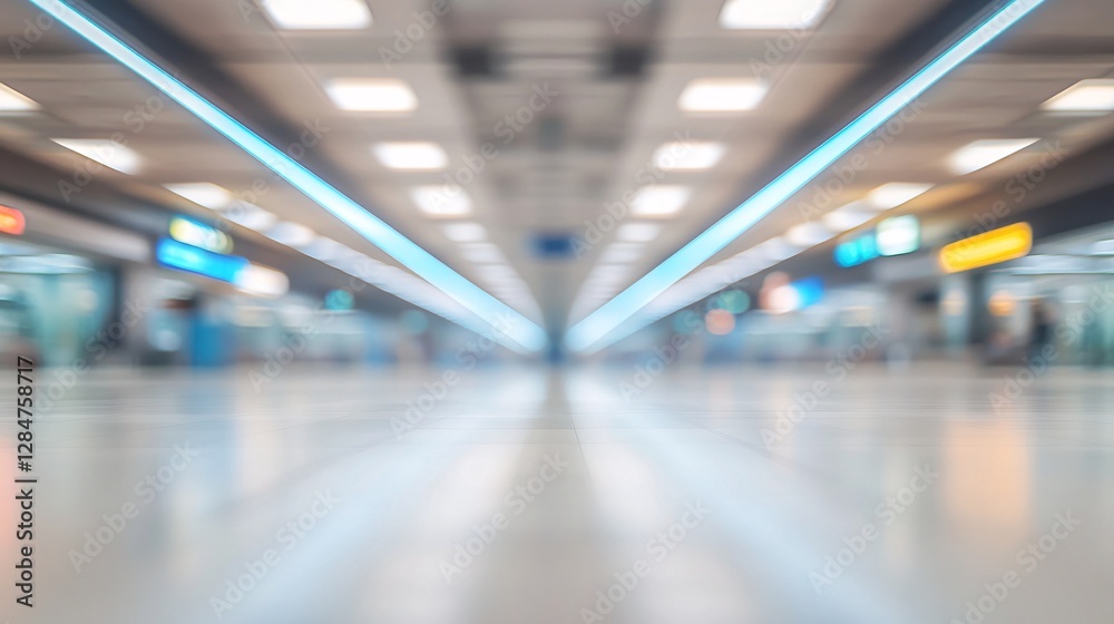 Abstract Blurred View of Modern Airport Terminal Interior with Bright Lighting and Moving Passengers Abstract Blurred View of Modern Airport Terminal Interior with Bright Lighting and Moving Passengers