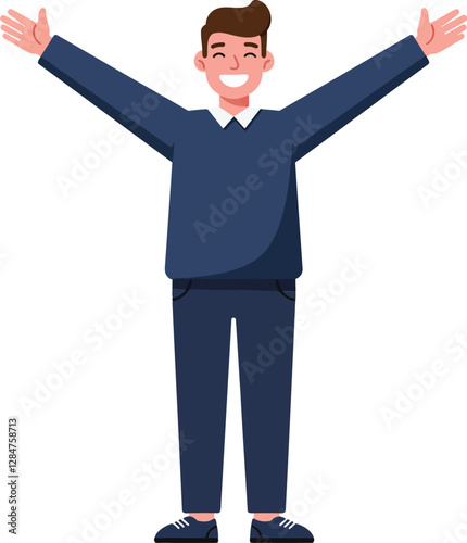 Cheerful young man with outstretched arms celebrating happiness in a flat, minimal style vector illustration