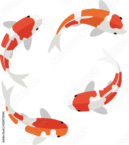 Four graceful koi fish swimming in a circular motion, showcasing vibrant orange and white patterns, in a minimalist flat design vector illustration