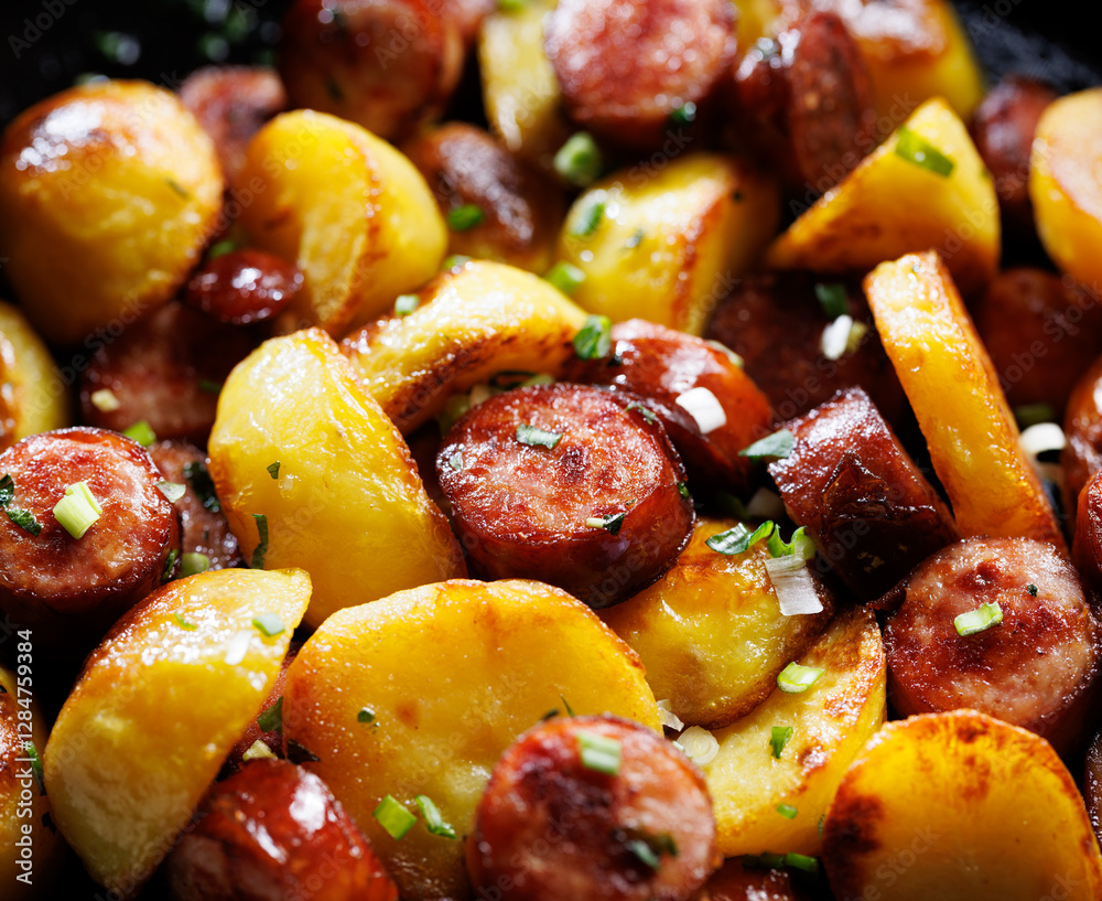 Baked potatoes with sausage slices sprinkled with fresh herbs, focus on the middle, close-up view Baked potatoes with sausage slices sprinkled with fresh herbs, focus on the middle, close-up view