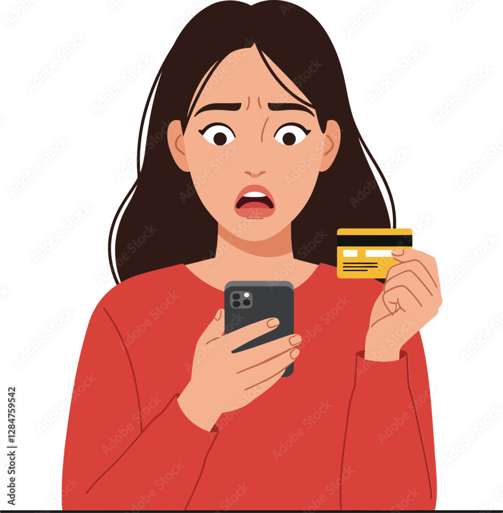 Young woman with surprised expression holding a credit card and smartphone in a flat vector art style, conveying a sense of shock and concern about online shopping