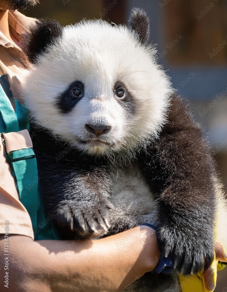 Fototapeta premium Panda cub being held by a caretaker in a wildlife conservation center during daylight