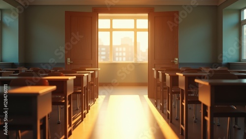 Open classroom door, A front view of an open classroom door with sunlight streaming in creating a calm and inviting atmosphere in 8K UHD