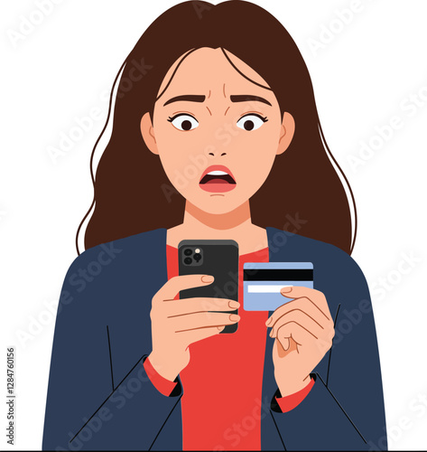 Concerned woman holding a smartphone and credit card in a flat, minimal design vector illustration depicting surprise and worry over a financial transaction.