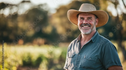 A cheerful middle-aged male farmer stands in an Australian landscape, wearing a sun hat and smiling warmly. The setting evokes a sense of tranquility in nature, highlighting rural life.