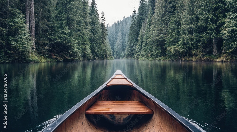 Obraz premium Canoeing through a serene forest lake