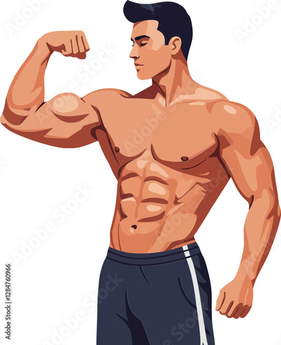 Athletic man flexing his bicep in a confident pose showcasing muscular definition in a minimal and modern style vector illustration