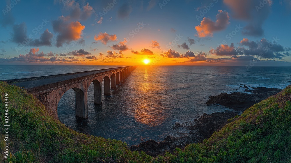 Fototapeta premium Scenic sunset over arched coastal bridge
