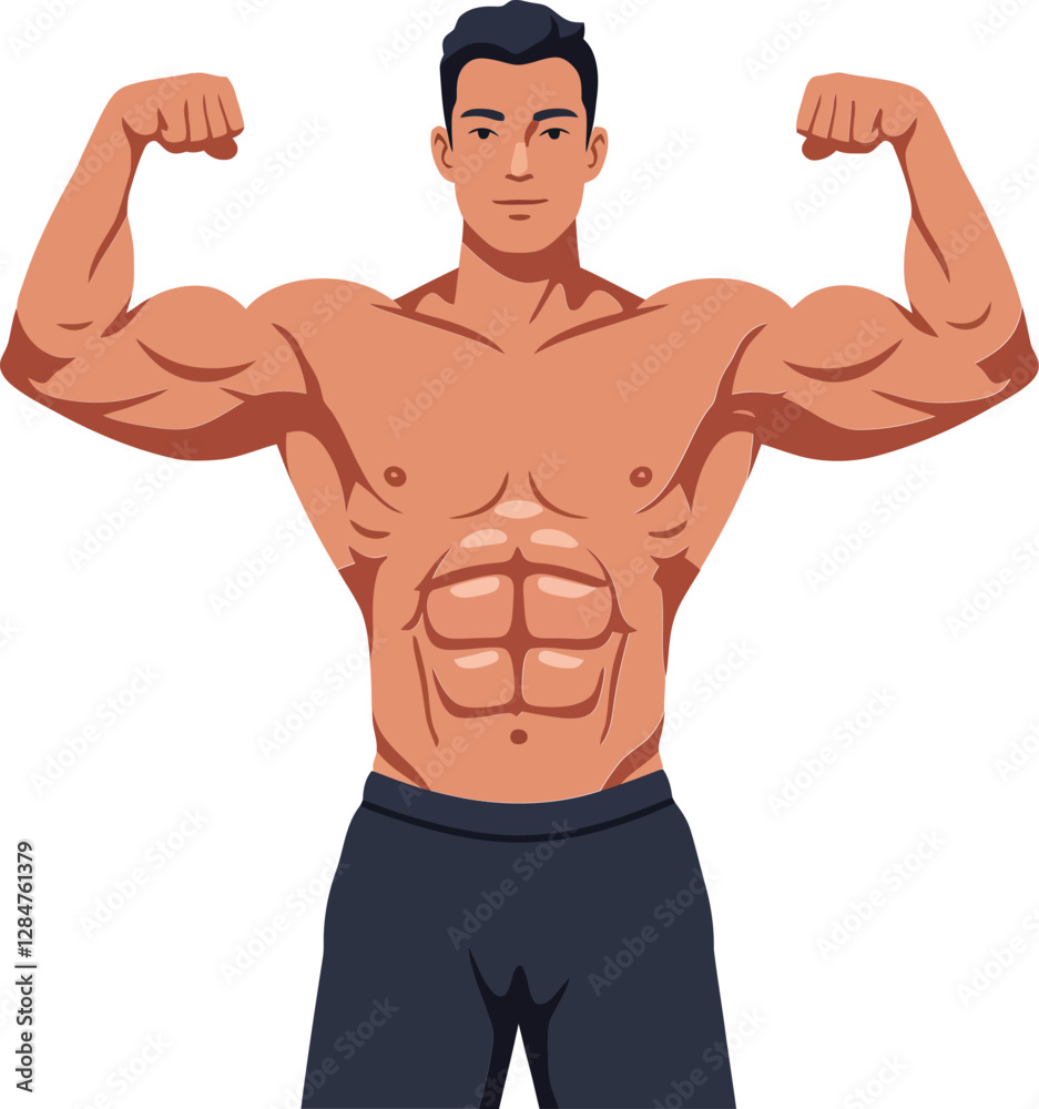 Strong muscular man flexing his biceps in a flat design style showcasing fitness and confidence in vector illustration