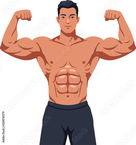Obraz na płótnie Strong muscular man flexing his biceps in a flat design style showcasing fitness and confidence in vector illustration w salonie