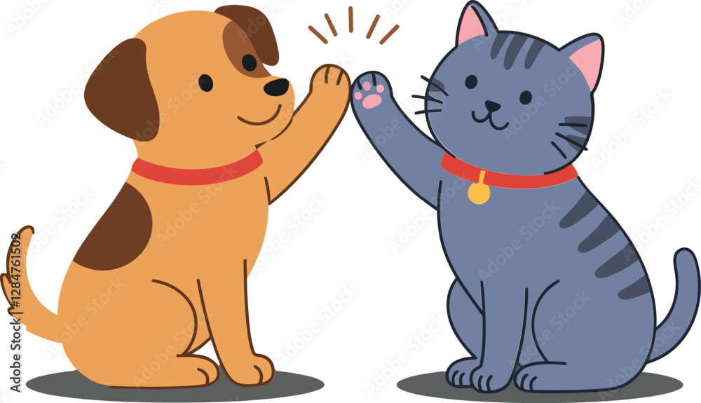 Playful dog and cat engaging in a friendly high-five, illustrated in a colorful and minimal design style, perfect for vector art
