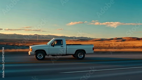 White Pickup Truck on Highway, Scenic Desert Landscape, Sunset Drive
