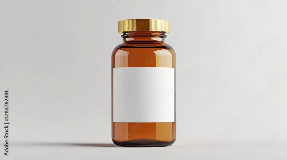Amber Glass Bottle Mockup with Blank White Label and Gold Cap Amber Glass Bottle Mockup with Blank White Label and Gold Cap
