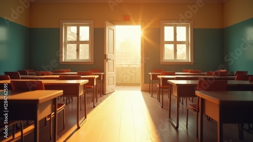 Open classroom door, An open classroom door bathed in soft morning sunlight revealing rows of desks in hyper-realistic 8K UHD detail