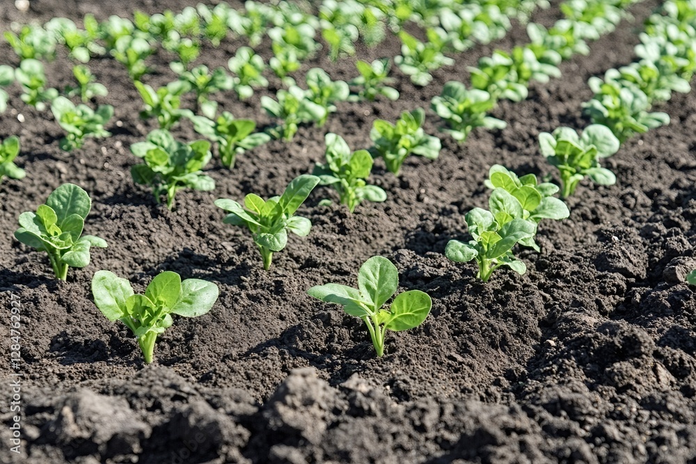 Rows of young green seedlings growing in fertile dark soil in a cultivated field represent new life, growth, and the promise of a bountiful harvest Rows of young green seedlings growing in fertile dark soil in a cultivated field represent new life, growth, and the promise of a bountiful harvest