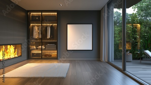 Large, empty room with a fireplace and a white wall. , Copy Space and Blank Frame