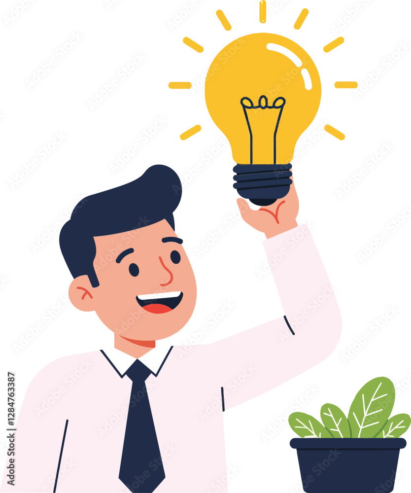 A smiling man in a white shirt and black tie holding a glowing light bulb above his head in a flat vector illustration A smiling man in a white shirt and black tie holding a glowing light bulb above his head in a flat vector illustration