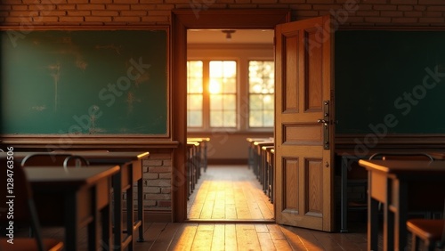 Open classroom door, An open classroom door reveals a sunset-lit bustling interior with peeling paint and polished floors in 8K UHD.