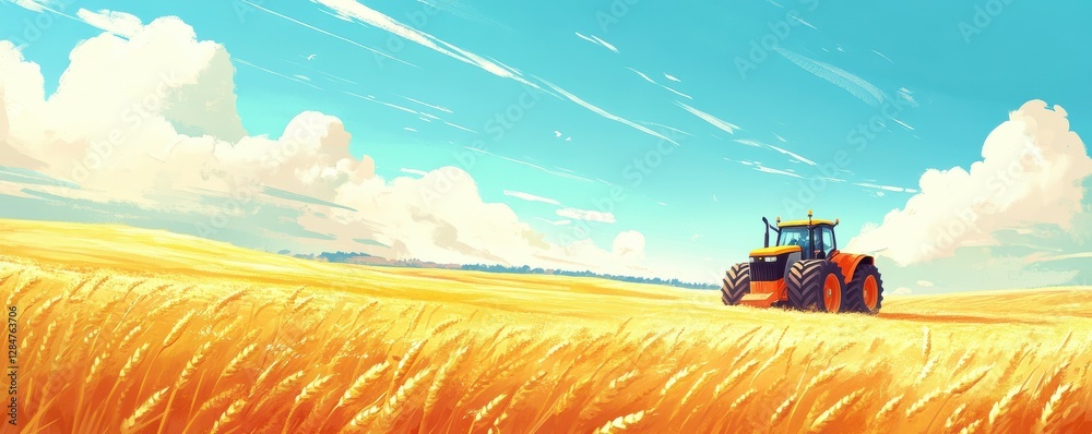 Obraz premium Vibrant wheat field with blue sky and orange tractor on sunny day