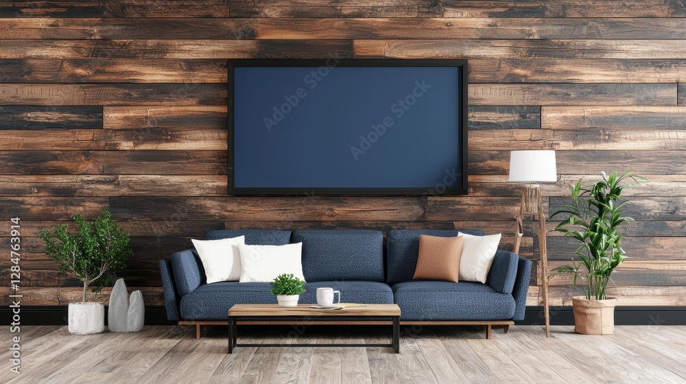 Living room with a blue couch, a coffee table, and a potted plant. , Copy Space and Blank Frame Living room with a blue couch, a coffee table, and a potted plant. , Copy Space and Blank Frame