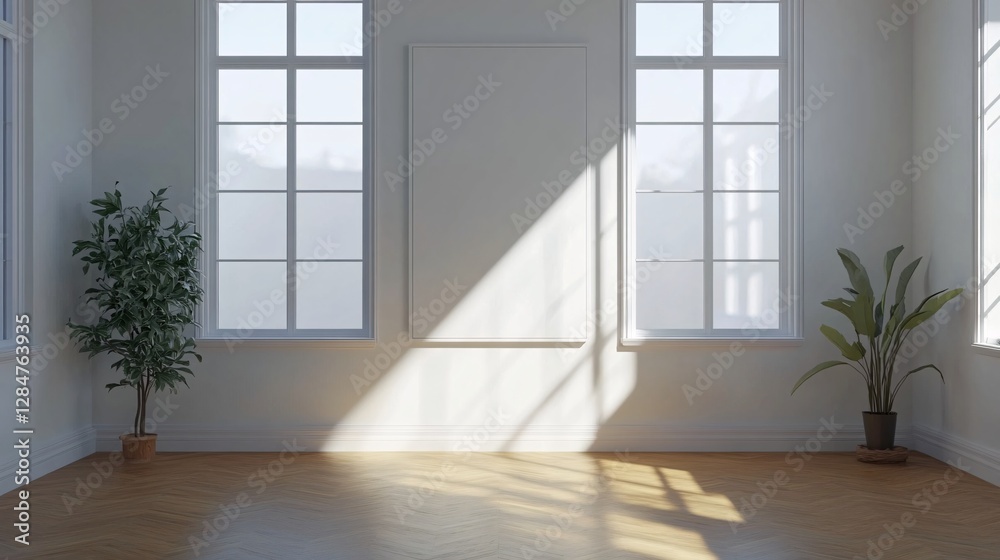 Obraz premium Bright and airy minimalist room interior with sunlight streaming through windows, featuring a blank canvas and potted plants