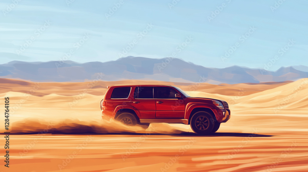 Obraz premium SUV Driving Across a Rugged Desert Landscape, with Blurred Sand Dunes and a Distant Mountain Range in the Background