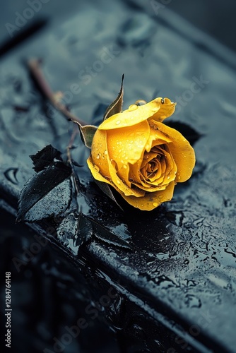 A single yellow rose rests on a dark, wet surface, glistening with raindrops, evoking a sense of beauty and melancholy.