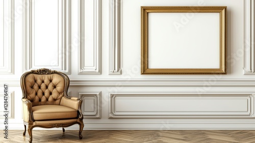 Large framed picture hangs on a wall in a room with a brown chair. , Copy Space and Blank Frame