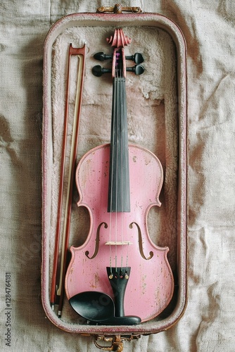 A vintage pink violin rests in a case, accompanied by a bow, showcasing unique craftsmanship and a nostalgic charm.