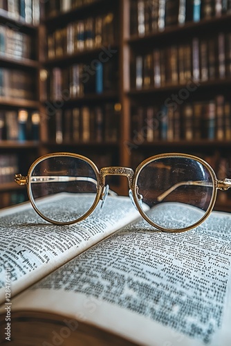A pair of round glasses rests on an open book, with a bookshelf filled with books in the background, creating a cozy reading atmosphere.