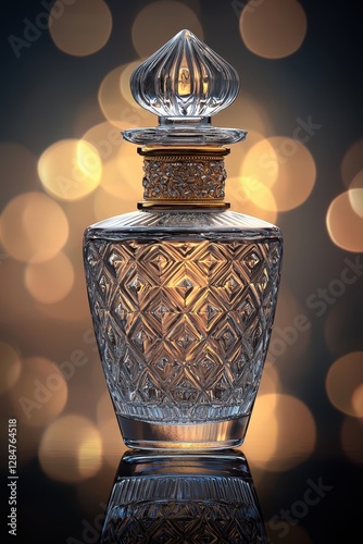 A beautifully crafted glass perfume bottle with intricate designs, reflecting soft bokeh lights in the background, creating an elegant and luxurious ambiance.