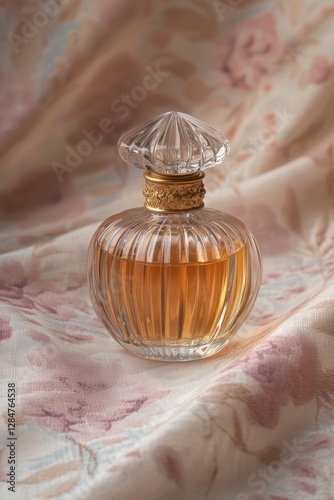 A vintage perfume bottle filled with amber-colored liquid, elegantly resting on a soft, floral-patterned fabric background.