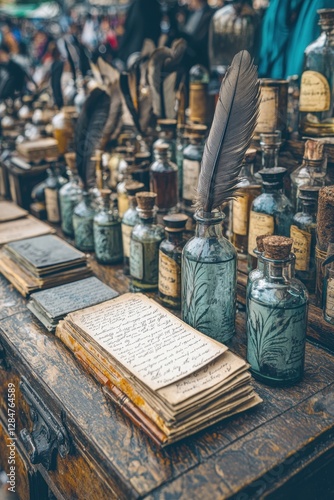 A rustic table displays antique books and various glass bottles, showcasing a vintage collection of writing tools and potions.