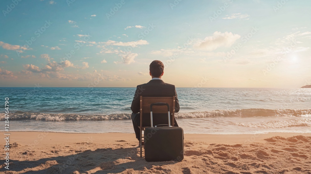 Fototapeta premium Businessman Relaxing on Beach at Sunset, Contemplating Future Opportunities