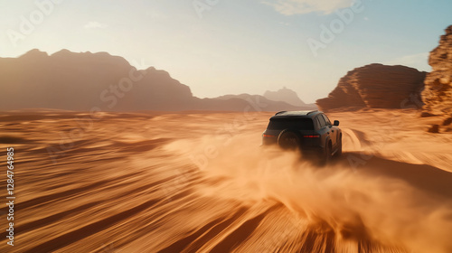 SUV Driving Across a Rugged Desert Landscape, with Blurred Sand Dunes and a Distant Mountain Range in the Background