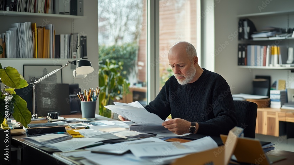 Hair loss in a stylish home office, a person organizing paperwork. Featuring productivity and well-being