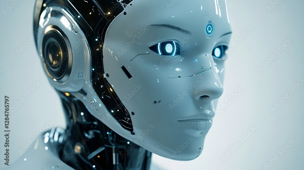 Close-up of a Realistic Female Robot Portrait Depicting Advanced Artificial Intelligence and Futuristic Technology Close-up of a Realistic Female Robot Portrait Depicting Advanced Artificial Intelligence and Futuristic Technology