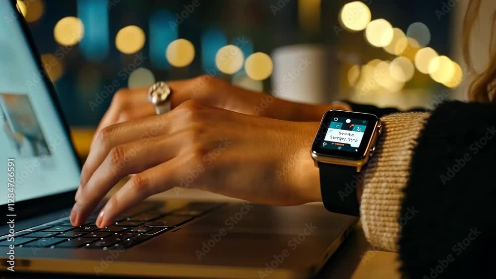 Woman Working Late at Night on Laptop with Smartwatch Notification