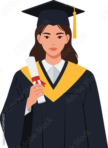 Graduate woman proudly holding her diploma in a black cap and gown with a yellow collar, flat vector illustration celebrating academic achievement and success