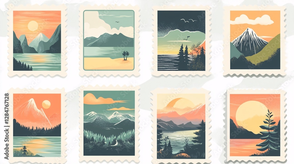 Obraz premium Collection of Eight Pixel Art Landscape Stamps: Sunsets, Lakes, Mountains, and Forests