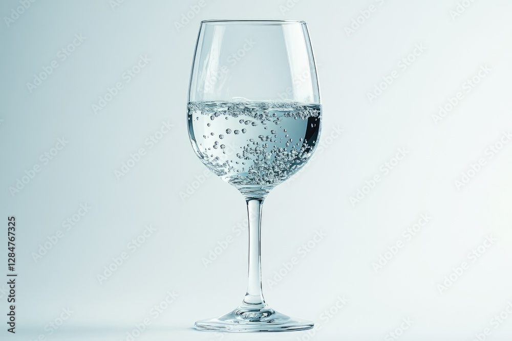 A crystal wine glass filled with sparkling water, bubbles rising. A crystal wine glass filled with sparkling water, bubbles rising.