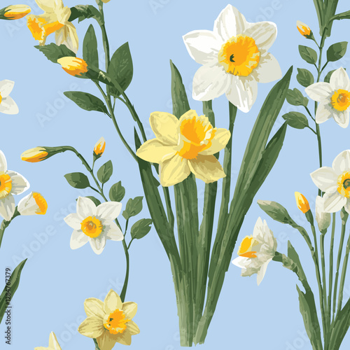 Floral vector seamless pattern with blooming white and yellow daffodils