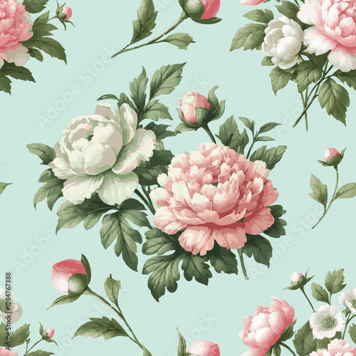 Floral vector seamless pattern with blooming pink and white peonies