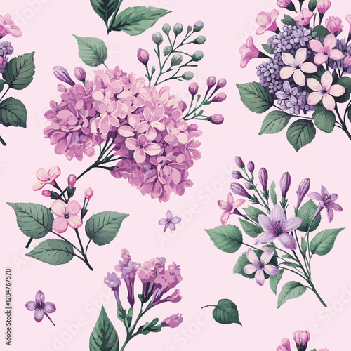 Floral vector seamless pattern with blooming lilac